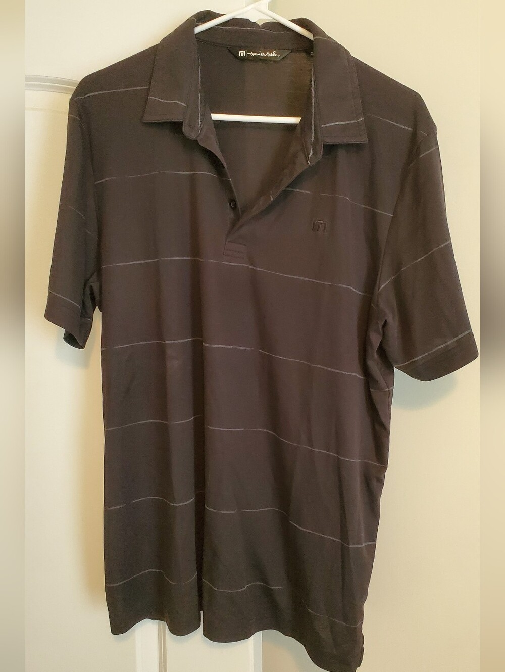 Travis Mathew Men’s Black Polo with Thin Gray Stripes